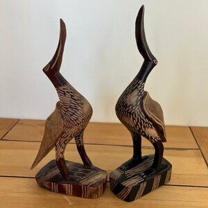 Hand Carved Wood Bird Figurine Statues Water Fowl Crane Heron Set of 2